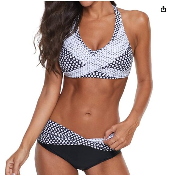 Women's Black and White Polka Dot Halter Style Tummy Control Bikini Size XL - Picture 6 of 6